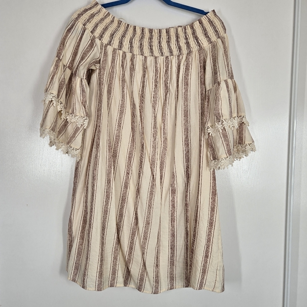 Altar'd‎ State Smocked Neckline Off Shoulder Bell Sleeve Creme Stripped Dress